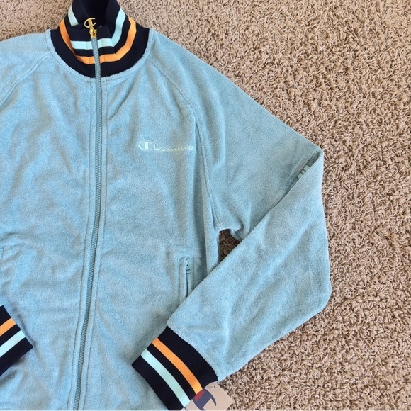 Champion Turquoise Jacket Casual Sport Velor Bomber Mens Size Large Full Zip - Picture 4 of 8